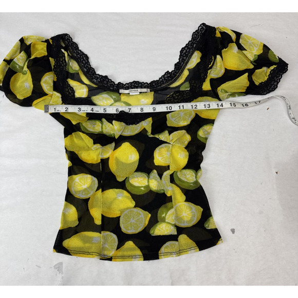 Y2K Kimchi Top Lemons Small Urban Outfitters Lace Yellow Black Cinched Sheer - Picture 5 of 9